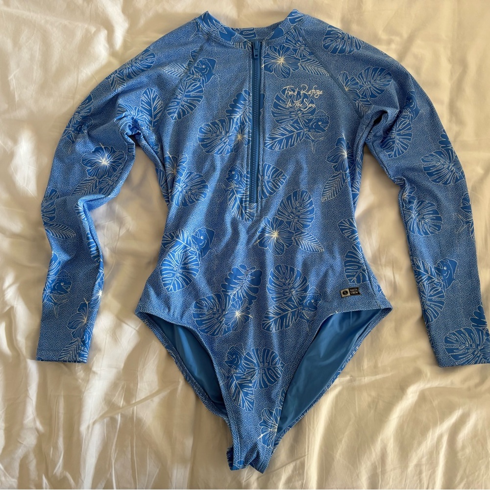 Salty Crew Blue Leaf Print Long-Sleeved Women's One Piece
